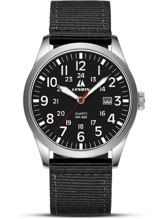 Men's Silver Black Nylon Strap Stylish Luminous Unisex Military Tactical Watch
