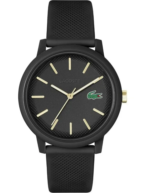 Men's Black Gold Rubber Strap Analog Quartz TR90 Case Premium Sporty Round Watch