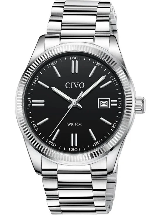 Men Silver Black Analog Quartz Skeleton Stainless Steel Round Casual Wrist Watch