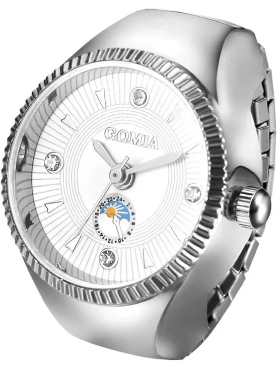 Unisex Silver Analog Quartz Rhinestone Vintage Elastic Bling Finger Ring Watch