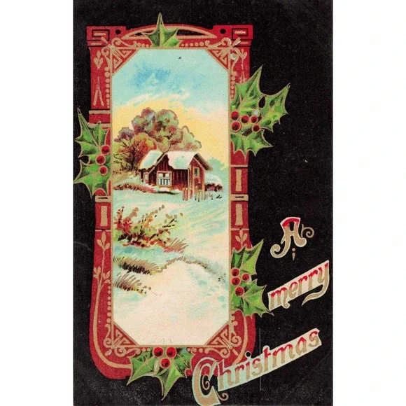 Vintage A Merry Christmas Postcard Snowy Cabin Holly Berries Printed In Germany