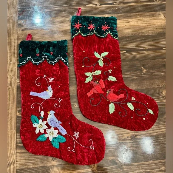 Velvet Embroidered‎ Red Holiday Bird Stockings