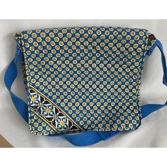 Vera Bradley Riviera Blue Yellow Floral Large Messenger Laptop Crossbody Bag