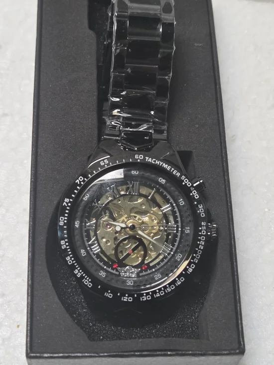 WINNER Black Skeleton Mechanical Watch with Tachymeter Bezel