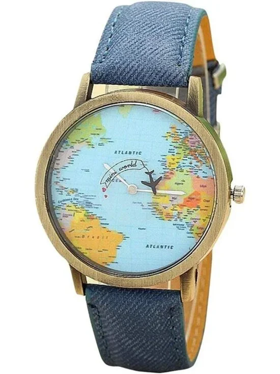 Unisex Blue Quartz Leather Band Retro Bronze Case Global Travel World Map Watch