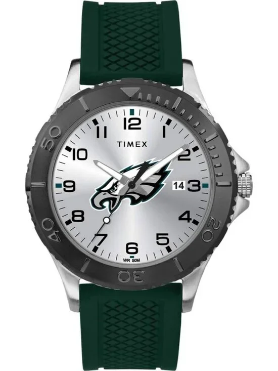Men Silver Green Rubber Band Analog NFL Gamer Philadelphia Eagles Luminant Watch
