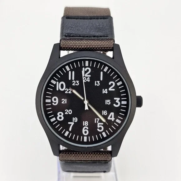 42MM Military‎ Men's Field Watch Black Dial Dark Brown Canvas Bands New Battery