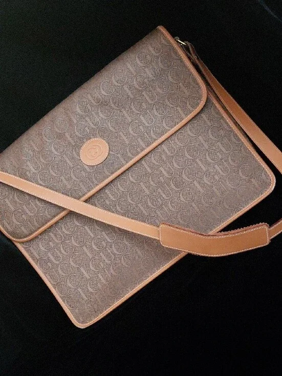 Vintage Gucci GG Monogram Laptop Messenger Unisex Bag Brown Leather Trim