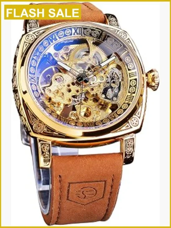 Square Skeleton Automatic Mechanical Watch with Genuine Leather Strap