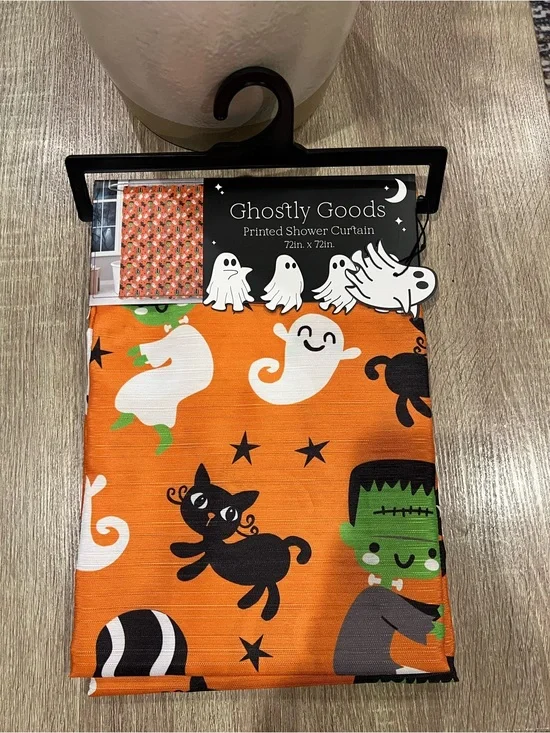 Halloween Shower Curtain - Orange Ghost & Monster Print