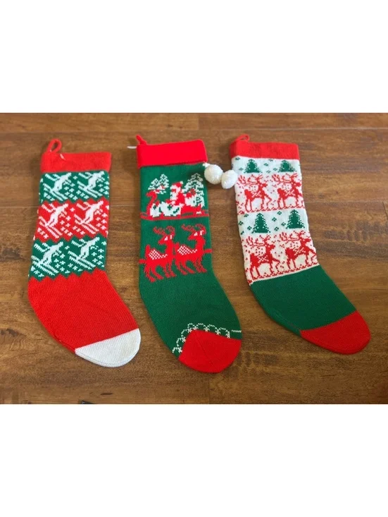 Set of 3 Christmas Holiday Decorative Stockings with Reindeer and Santa Designs