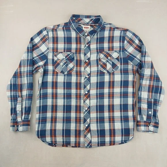 Levis XXL‎ Mens Shirt Lightweight Flannel Western Cowboy Pearl 23x28 Plaid