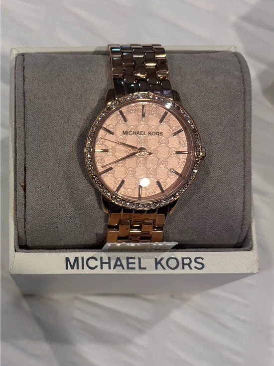 Michael Kors Rose Gold Tone Patterned Dial Crystal Accent Watch