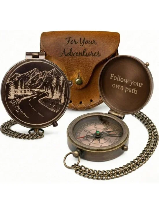 Men's Brown Hiking Adventure Engraved Brass Vintage Style Antique Pocket Compass