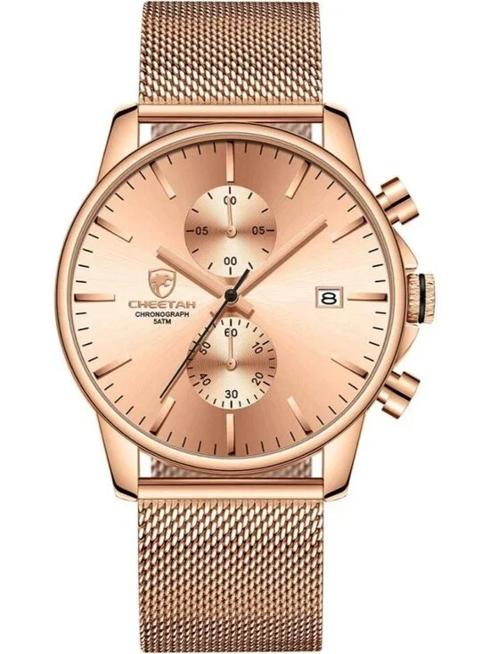 Men's Rose Gold Quartz Analog Mesh Strap Stainless Steel Chronograph Round Watch