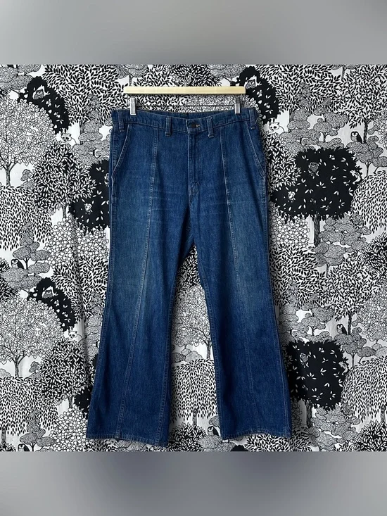Vintage 70s Levi’s For Men Orange Tab Denim Bell Bottom Trousers Stitched Crease