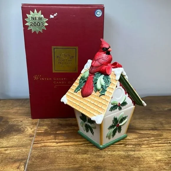 2003 Lenox Winter Greetings Every Day Candy Dish With Lid Cardinal Candy‎ Dish