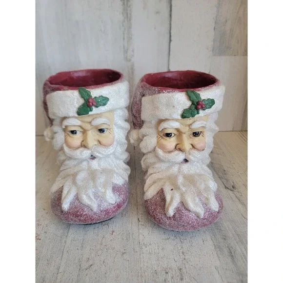 vintage Raz paper mache sugared Santa Claus boot shoes unique set glitter Xmas