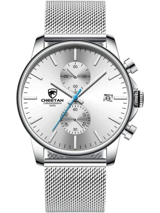 Men's Silver Quartz Analog Mesh Strap Stainless Steel Chronograph Round Watch