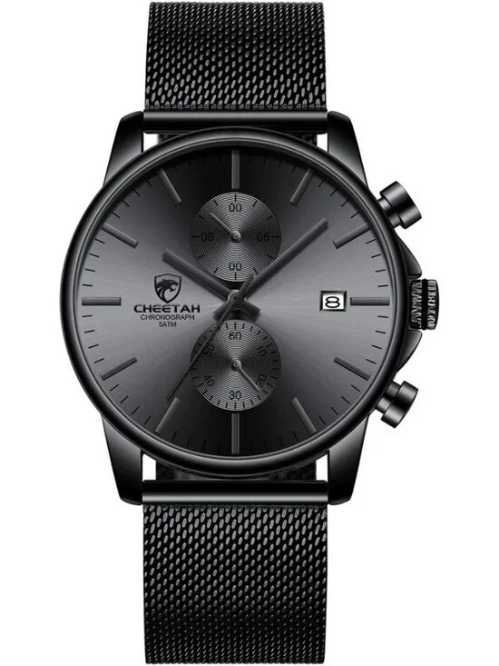 Men's Black Quartz Analog Mesh Strap Stainless Steel Chronograph Round Watch