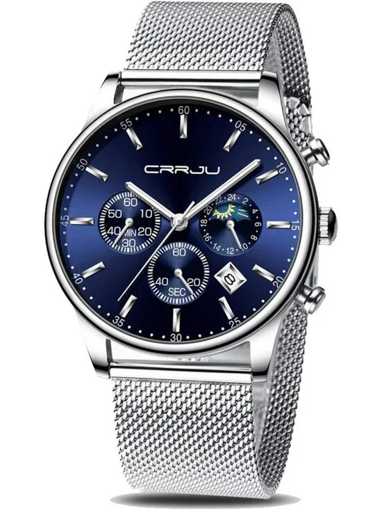 Mens Silver And Blue Chronograph Waterproof Steel Quartz Mesh Strap Casual Watch