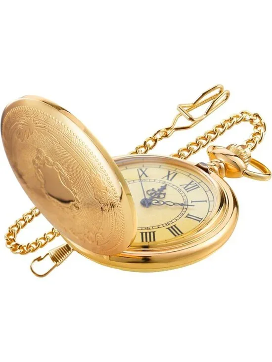 Men's Gold Analog Quartz Flower Arabic Numerals Movement Chain Clip Pocket Watch