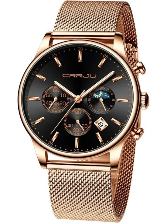 Men's Rose Gold And Black Chronograph Waterproof Steel Quartz Mesh Strap Watch