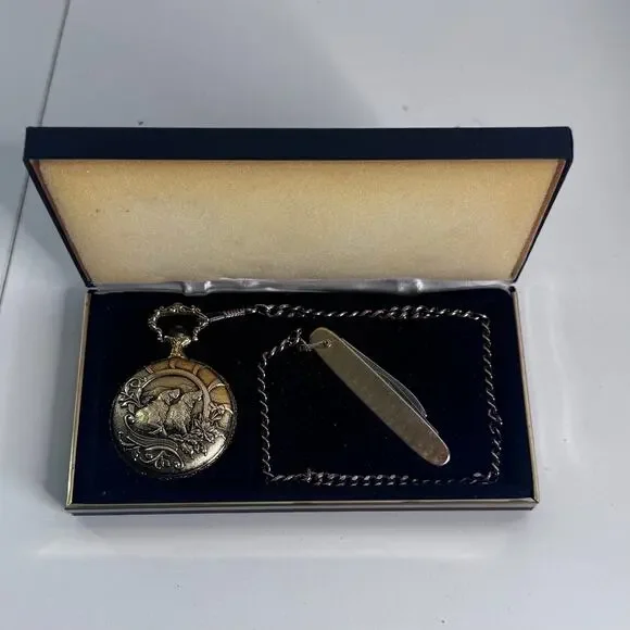 Vintage Majestron Pocket Watch Knife & Original Chain in Box - Deer & Dogs