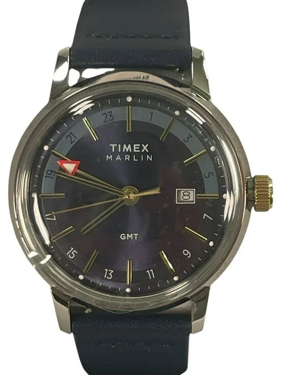 Timex Marlin Quartz GMT Watch Eco-Friendly Leather Strap WR 50M Men's MSRP $219