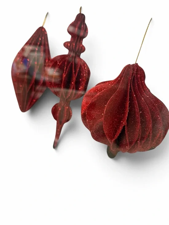 Burgundy Red Large Glitter Paper Christmas Ornaments – Set of 3