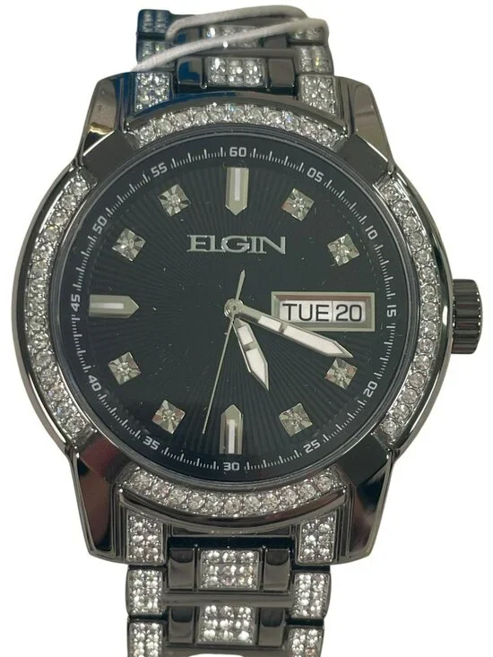 Elgin Black Spiral Dial Watch With 278 Crystals Adjustable Metal Strap Men's NEW