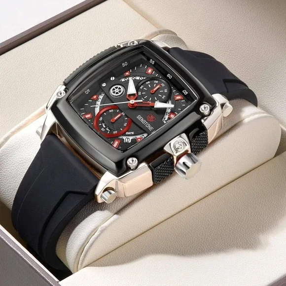 Senstone Mens Watch Black Square Chronograph Sports Silicone Strap X0045GCRD9
