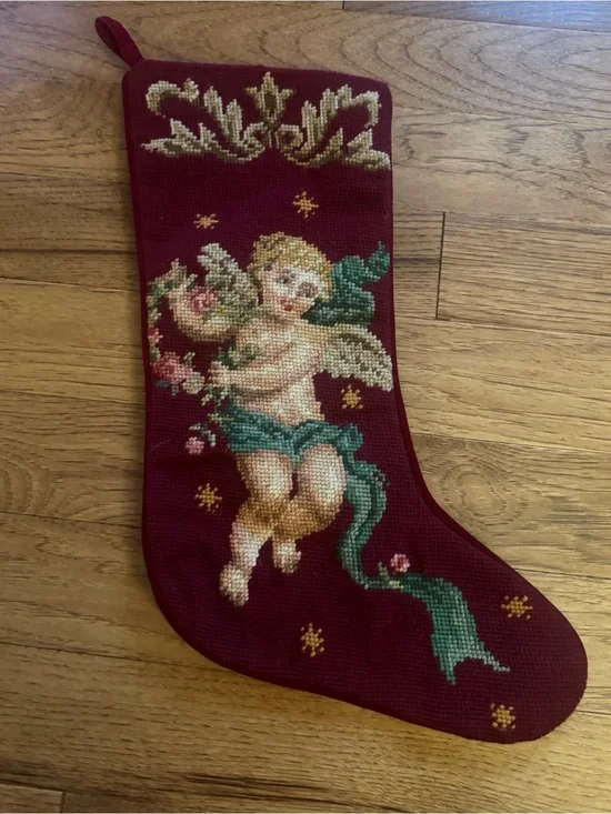 Vintage Imperial Elegance Christmas Stocking Wool Needlepoint Cherub Angel Red