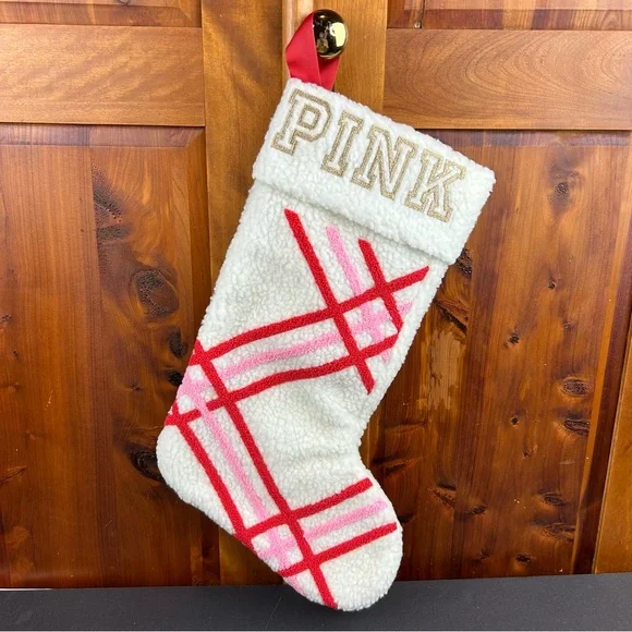 NEW - PINK By Victoria’s Secret Sherpa White Candy Cane Christmas Stocking Fairy