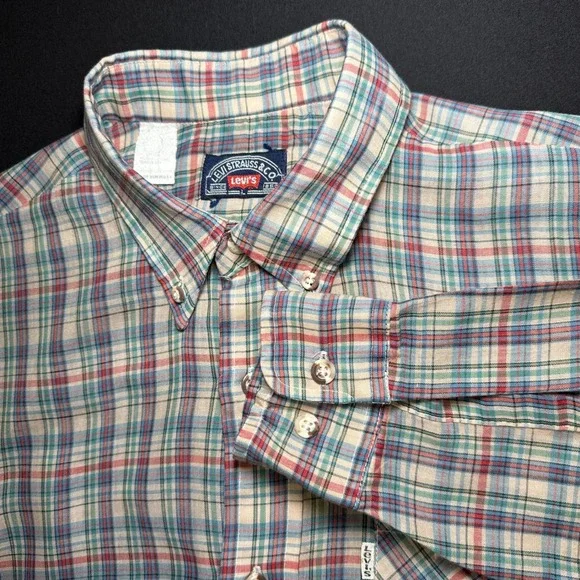 Vintage Levi Strauss & Co. Button Shirt Mens Plaid Tan Blue Red Long Sleeve‎ USA