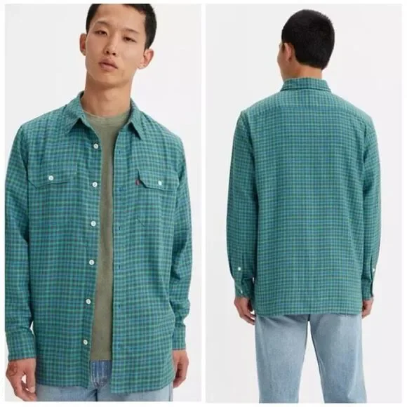 Levi’s Jackson Worker Flannel Overshirt Relaxed Fit Medium Green‎ Blue Slate