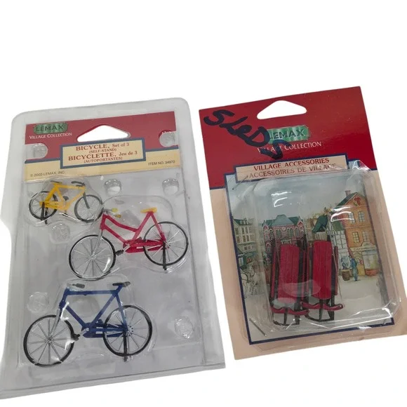 Lemax Christmas Village Accessories Bicycles and Red Sleds Miniature 5 pc set