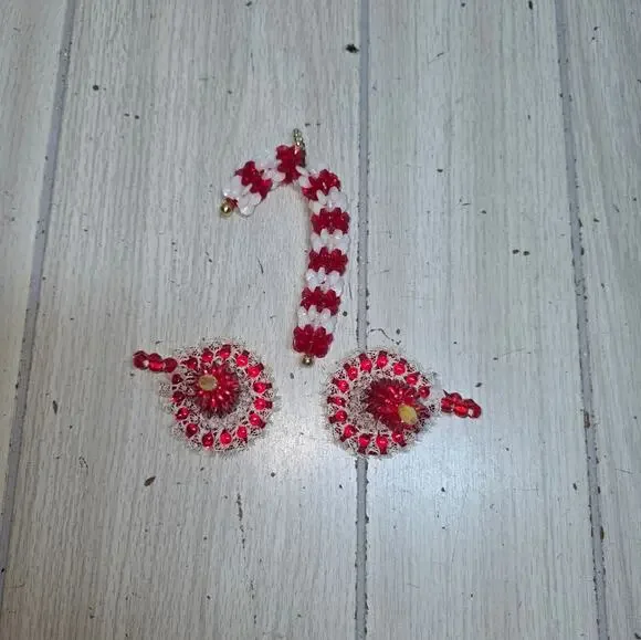 Vtg Handmade Plastic Beaded Candle Sticks & Candy Cane Christmas 3” Set of 3