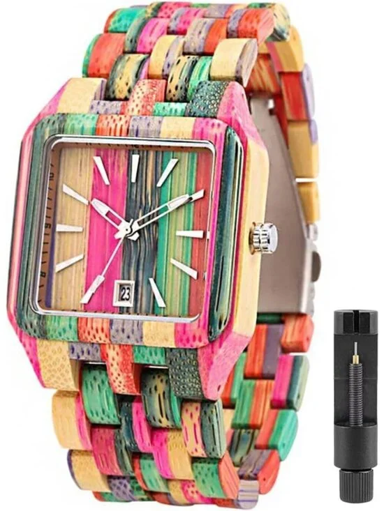 Men's Watch Colorful Multi Wooden Square Handmade Analog Dial Quartz Wristwatch