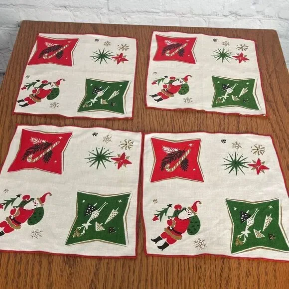 Antique Festive MCM Holiday Napkins set of 4 Red, Green, Gold in retro designs