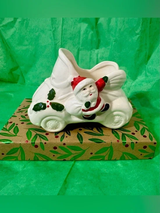 Vintage Relpo Santa VW Beetle Planter 5” Ceramic Retro Holiday Decor Kitsch Car