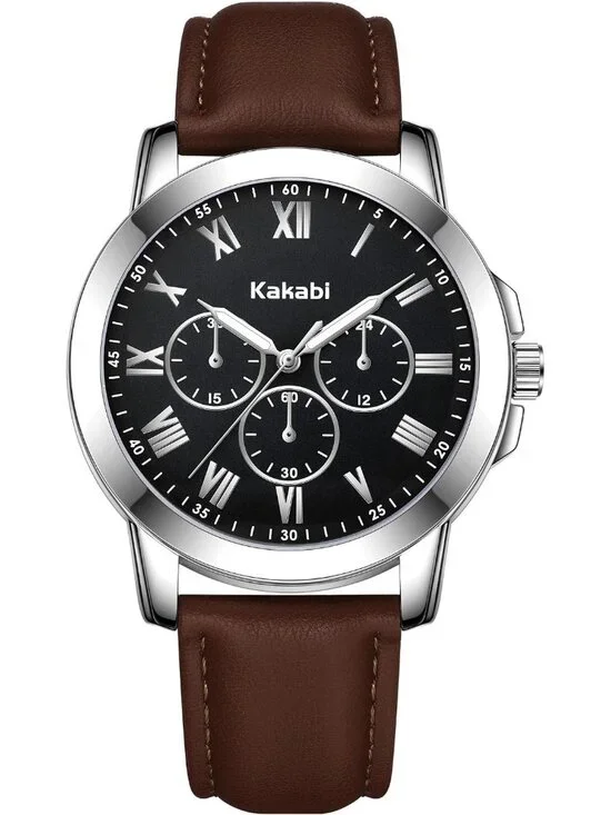 Men's Black Brown Classic Leather Roman Numeral Quartz Waterproof Wrist Watch