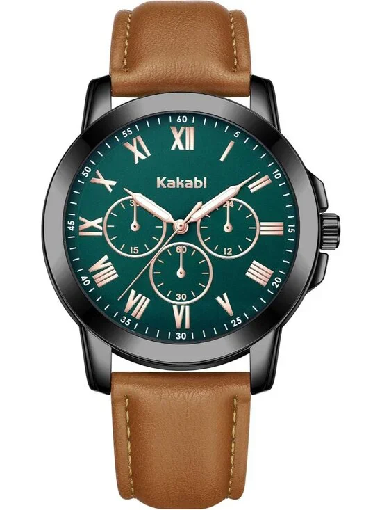 Men's Blue Coffee Classic Leather Roman Numeral Quartz Waterproof Wrist Watch
