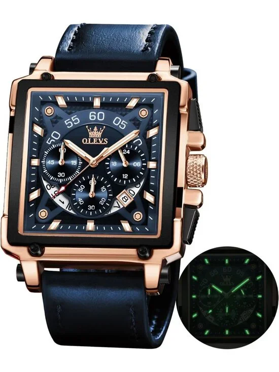 Men's Blue Quartz Leather Strap Waterproof Casual Trendy Square Dial Wristwatch