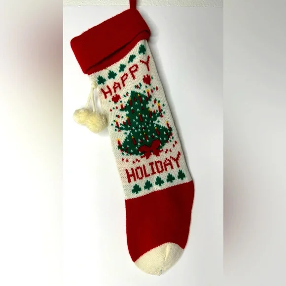 Vintage Knitted Christmas Stocking Happy Holiday Tree Design‎