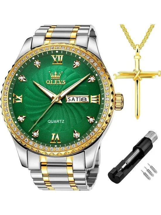 Men's Silver Green Diamond Stainless Waterproof Luminous Analog Luxury Watch