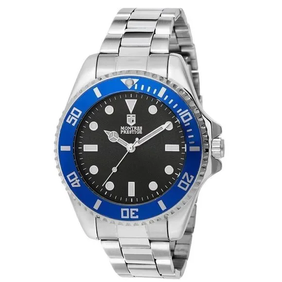 Montres Prestige Stainless Steel Diver Watch with Blue Bezel