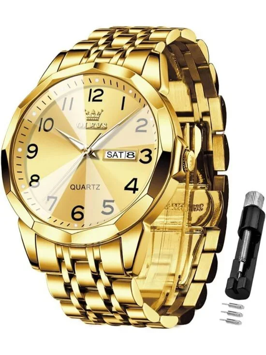 Men's All Gold Analog Simple Business Stainless Steel Waterproof Luminous Watch