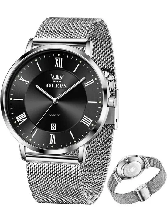 Men's Silver Black Analog Quartz Mesh Strap Luxury Luminous Waterproof Watch