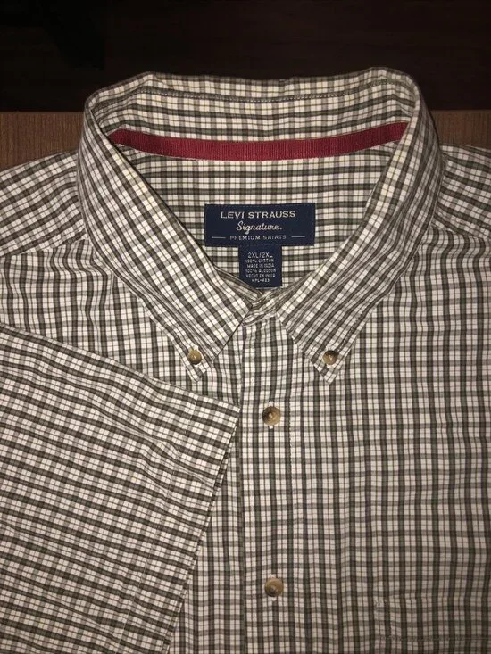 Levi Strauss Signature Green White Plaid Button Up Shirt Mens 2XL Casual